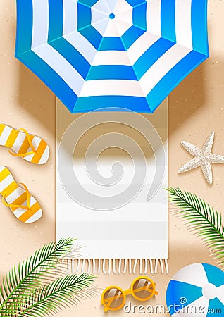 Summer beach vertical background with sun umbrella, flip flops, sunglasses, ball and palm leaves on sand Vector Illustration