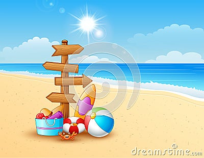 Summer beach with wooden arrow Vector Illustration