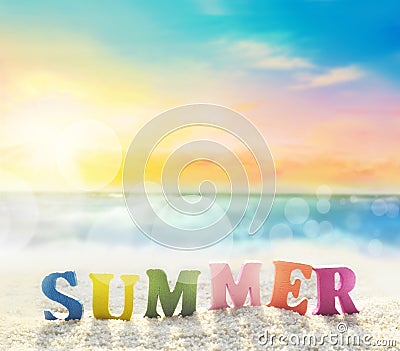 Word of color letters on summer beach and sea Stock Photo