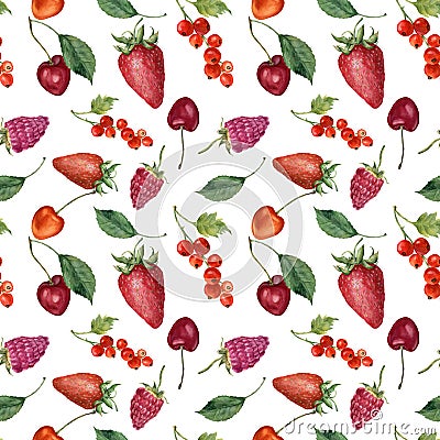 Summer berries and fruits watercolor food seamless pattern. Watercolor strawberry, cherry, redcurrant, raspberry and Stock Photo