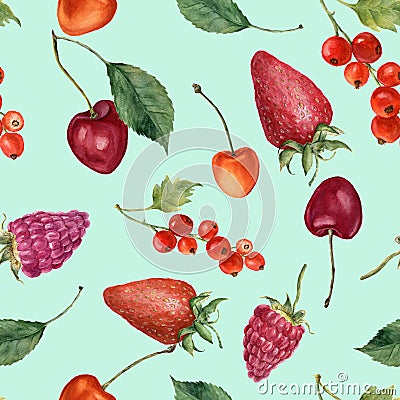 Summer berries watercolor seamless pattern. Watercolor strawberry, cherry, redcurrant, raspberry and leaves isolated on Stock Photo