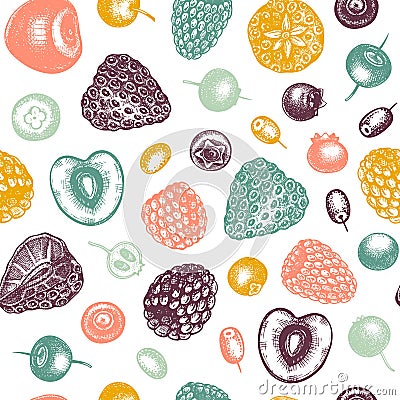 Summer berry seamless pattern. Hand drawn berries background. With fresh fruit: strawberry, cranberry, currant, cherry, bilberry, Vector Illustration