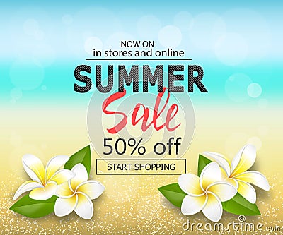 Summer big sale background with tropical flowers. Travel template with blurred effect for design banner. Vector Illustration