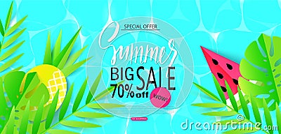 Summer Big sale banner template with tropical leaves and fruits. Vector illustration Cartoon Illustration