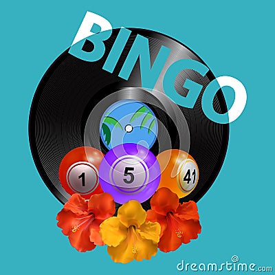 Summer bingo balls over vinyl record disc on blue Vector Illustration