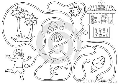 Summer black and white maze for children. Preschool beach holidays activity. Funny puzzle with cute boy, ice-cream stall, Vector Illustration