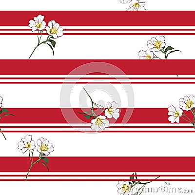 Summer blooming meadow flowers on resort stripe seamless pattern Stock Photo