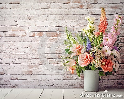 Summer Blooms and Dutch Masterpieces: Stylishly Displayed on a Chic White Brick Wall Stock Photo