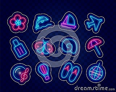 Summer blue neon sticker collection. Holiday and vacation design. Social media pack. Vector stock illustration Vector Illustration