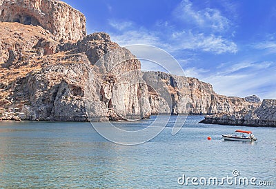 Summer bottom cliff view Acropolis of Lindos of Rhodes Stock Photo