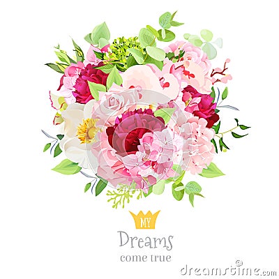 Summer bouquet of hydrangea, burgundy red peony, rose, orchid Vector Illustration