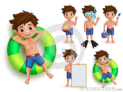 Summer boy kid vector character set. Young kids doing summer outdoor activities like swimming Vector Illustration