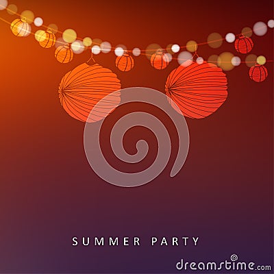 Summer or Brazilian june party, background with garland of lights and paper lanterns Vector Illustration