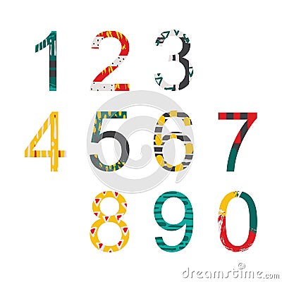 Summer bright decorated numbers in hand drawn style, drawn with freehand brush graphic. Stock Photo