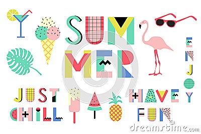 Summer bright memphis style elements set. Design with geometric elements food Vector Illustration