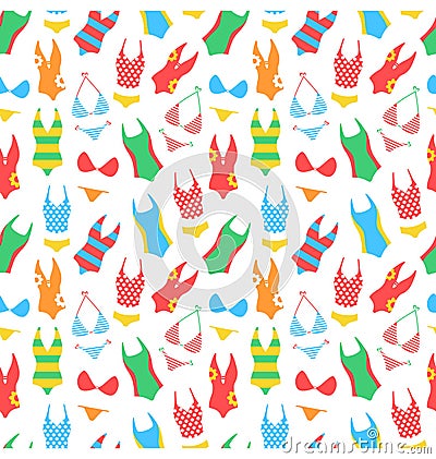 Summer bright pattern with woman swimsuits on white Vector Illustration