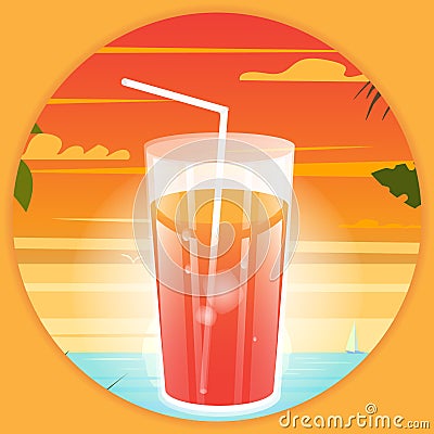 Summer bright poster with a drink at the beach background. Cartoon Illustration