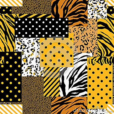 Summer bright safari animal skin mixed with geometric pattern ,polka dots and stripe in modern patchwork collage style seamless Stock Photo