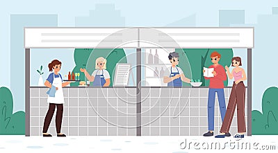 Summer cafe counter, waiters and couple with menu. Outdoor food festival market, street snacks and drinks. Lunch or Vector Illustration