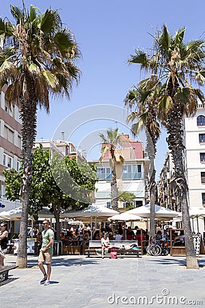 Summer cafe on Passeig Maritim at Barceloneta beach Editorial Stock Photo