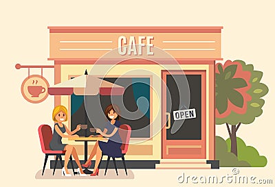 Summer cafe and two girl. Vector Illustration