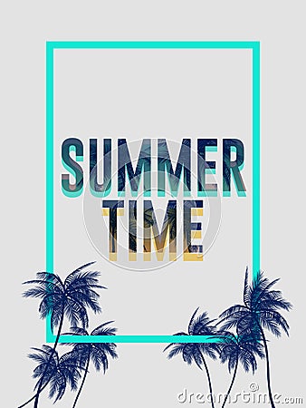 Summer california tumblr backgrounds set with palms, sky and sunset. Summer placard poster flyer invitation card. Summertime. Cartoon Illustration