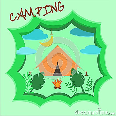 Summer camp activity vector, flat design paper craft 3d. Illustration campfire recreation cut style card. Abstract background sky Vector Illustration