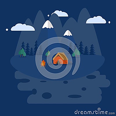 Summer camp activity vector, flat design paper craft 3d. Illustration campfire recreation cut style card. Abstract background sky Vector Illustration