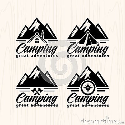 Summer camp badges logos and labels for any use, on wooden background texture. Vector Illustration