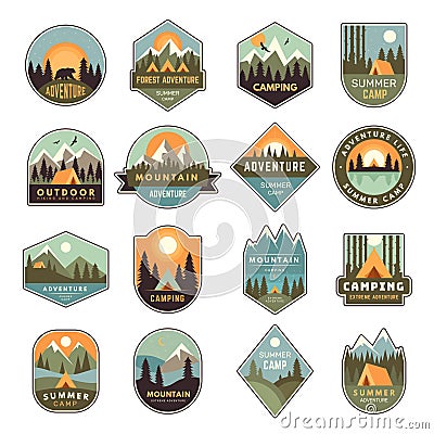 Summer camp badges. Mountain exploring labels outdoor adventure of scout in forest nature emblem recent vector templates Vector Illustration