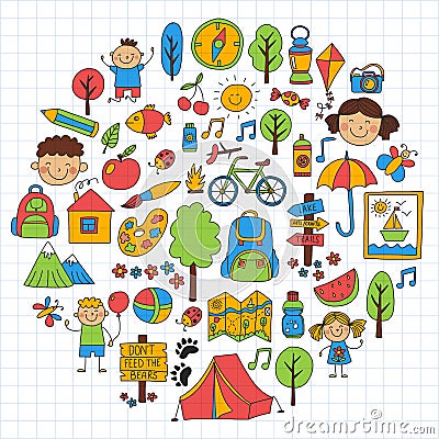 Summer camp Children, kids camping Children plays, hiking, singing, fishing, walking, drawing, having fun After school Vector Illustration