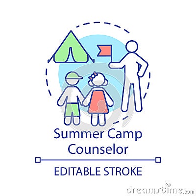 Summer camp counselor concept icon. Seasonal job idea thin line illustration. Childcare worker, educator. Campers Vector Illustration