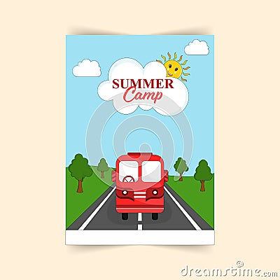 Summer Camp Flyer Design With Funny Sun, Bus On Street Side Natural Stock Photo