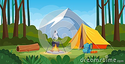 Summer camp in forest with bonfire, tent, backpack Vector Illustration