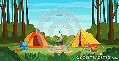 Summer camp in forest with bonfire, tent, backpack Vector Illustration