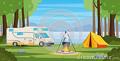 Summer camp in forest with bonfire, tent, backpack and lantern. Vector Illustration