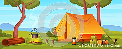 Summer camp in forest with bonfire, tent, backpack Vector Illustration