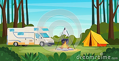 Summer camp in forest with bonfire, tent, backpack Vector Illustration