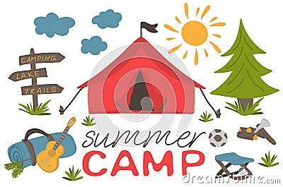 Summer camp. Hand Drawn Camping and Travelling equipment such as tent, guitar, axe and others. Poster in flat style, vector Vector Illustration