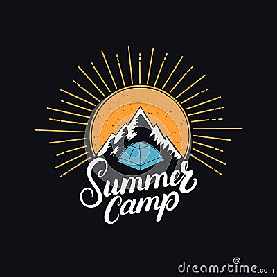 Summer camp hand written lettering logo, label, badge, emblem with sun, mountain and tent. Vector Illustration