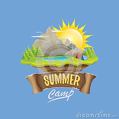 Summer camp kids logo concept illustration with green valley, mountains, trees, sun, clouds, camp fire, camping tent and Vector Illustration