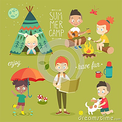 Summer camp Kids set, enjoying nature, playing and having fun. Vector Illustration