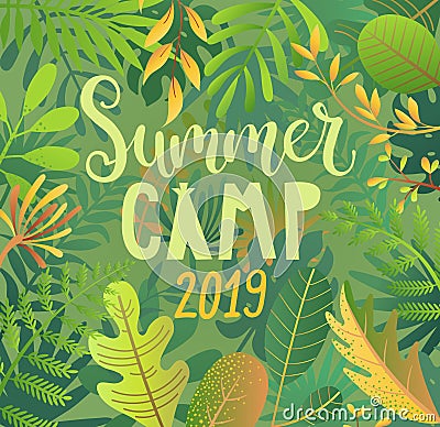 Summer camp 2019 lettering on jungle background. Vector Illustration