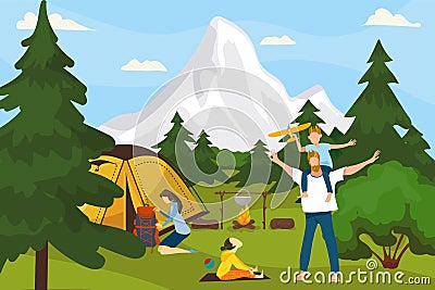 Summer camp on nature, in forest, vacation with tent, adventure vector illustration. Family camping and cooking in Vector Illustration