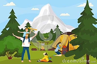 Summer camp on nature, in forest, vacation with tent, adventure vector illustration. Family camping and cooking in Cartoon Illustration