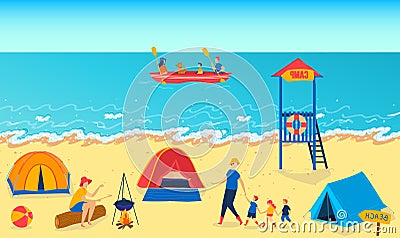 Summer camp near ocean, vector illustration, girl boy children character follow man father at sea beach, child activity Vector Illustration