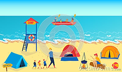 Summer camp near ocean, vector illustration, girl boy children character follow man father at sea beach, child activity Vector Illustration