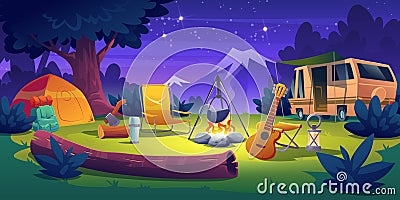 Summer camp at night time. Rv caravan at campfire Vector Illustration