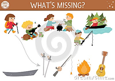 Summer camp shadow matching activity with cute children. Family nature trip puzzle with kids fishing, hiking, playing guitar. Find Vector Illustration