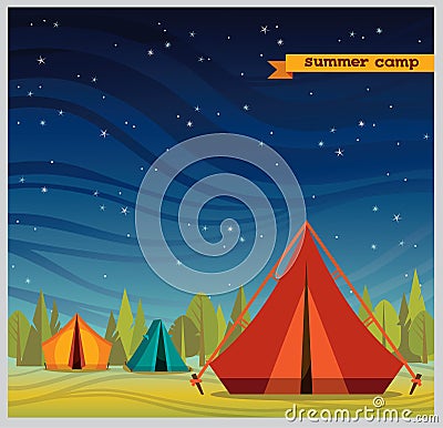 Summer camp - tourist tent at night. Cartoon Illustration